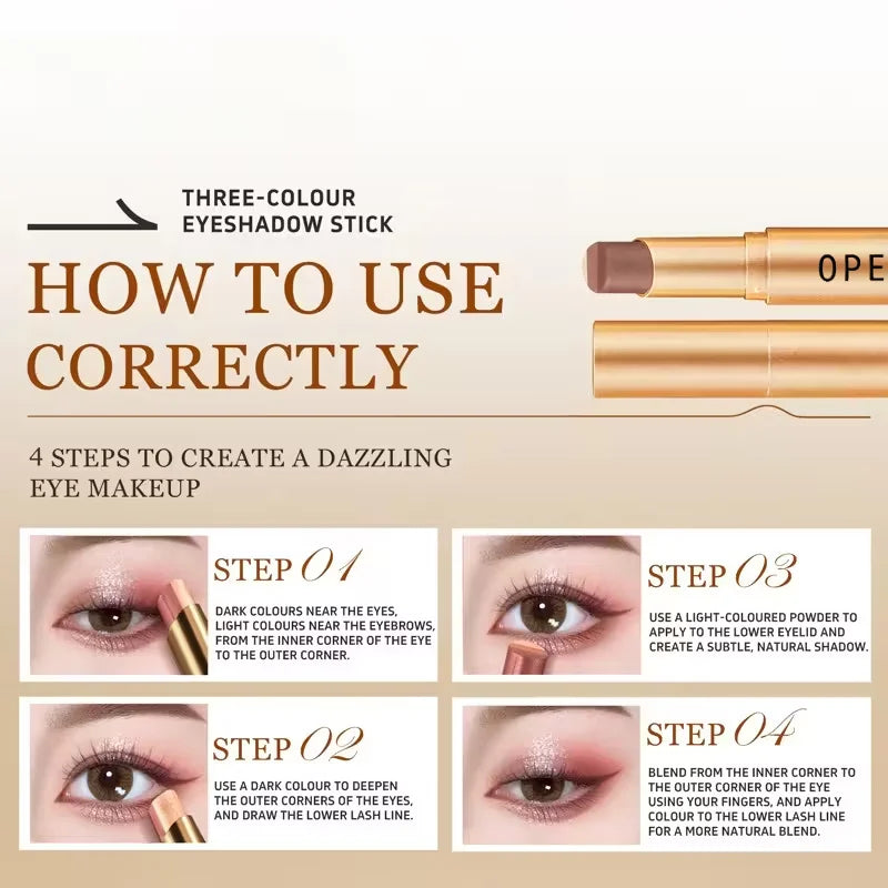 Three-Color Eyeshadow Stick, Shimmering Highlighter Eyeshadow Stick, Waterproof and Long-Lasting Pearlescent Metallic Eyeshadowقلم ظلال العيون ثلاثي الألوان، قلم ظلال عيون لامع وقلم هايلايتر، مقاوم للماء ويدوم طويلاً، بلمعة لؤلؤية ومظهر معدني جذاب.