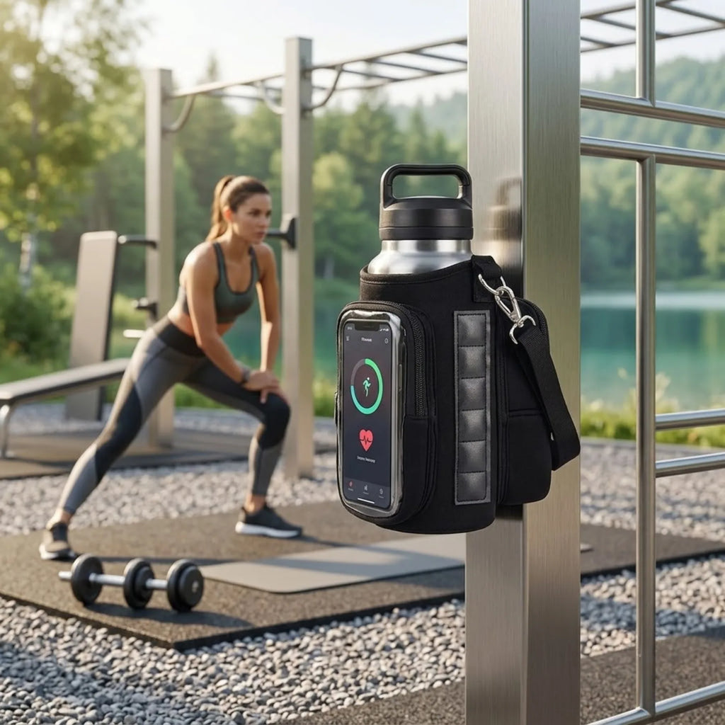 Workout Magnetic Bottle Holder Crossbody Bag, Multi-Pocket Sports Organizer with Strong Built-In Magnets for Fitness Daily Useحقيبة رياضية لحمل قارورة الماء مزودة بمغناطيس، تُلبس بشكل متقاطع على الجسم، متعددة الجيوب ومنظّمة للأغراض الرياضية، مزوّدة بمغناط