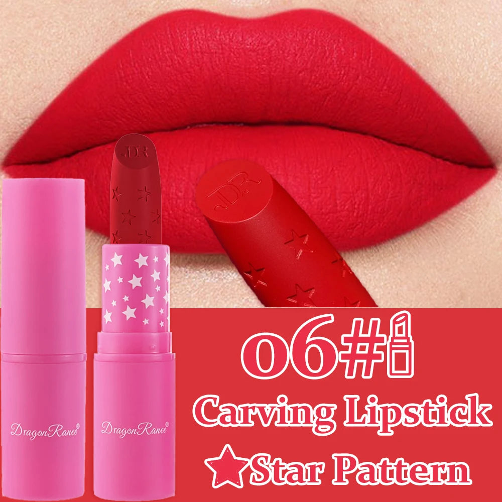 Waterproof Rose Pink Lipstick Star Embossed Velvet Matte Lasting Lip Stick Lasting Non-stick Cup Lip Gloss Women Makeup Cosmetic دلّلي شفتيكِ مع أحمر الشفاه الوردي بتصميم النجمة الساحر! ⭐💗 لون أنثوي جذاب، ملمس مخملي مطفي، وتركيبة مقاومة للماء تساعد على ث