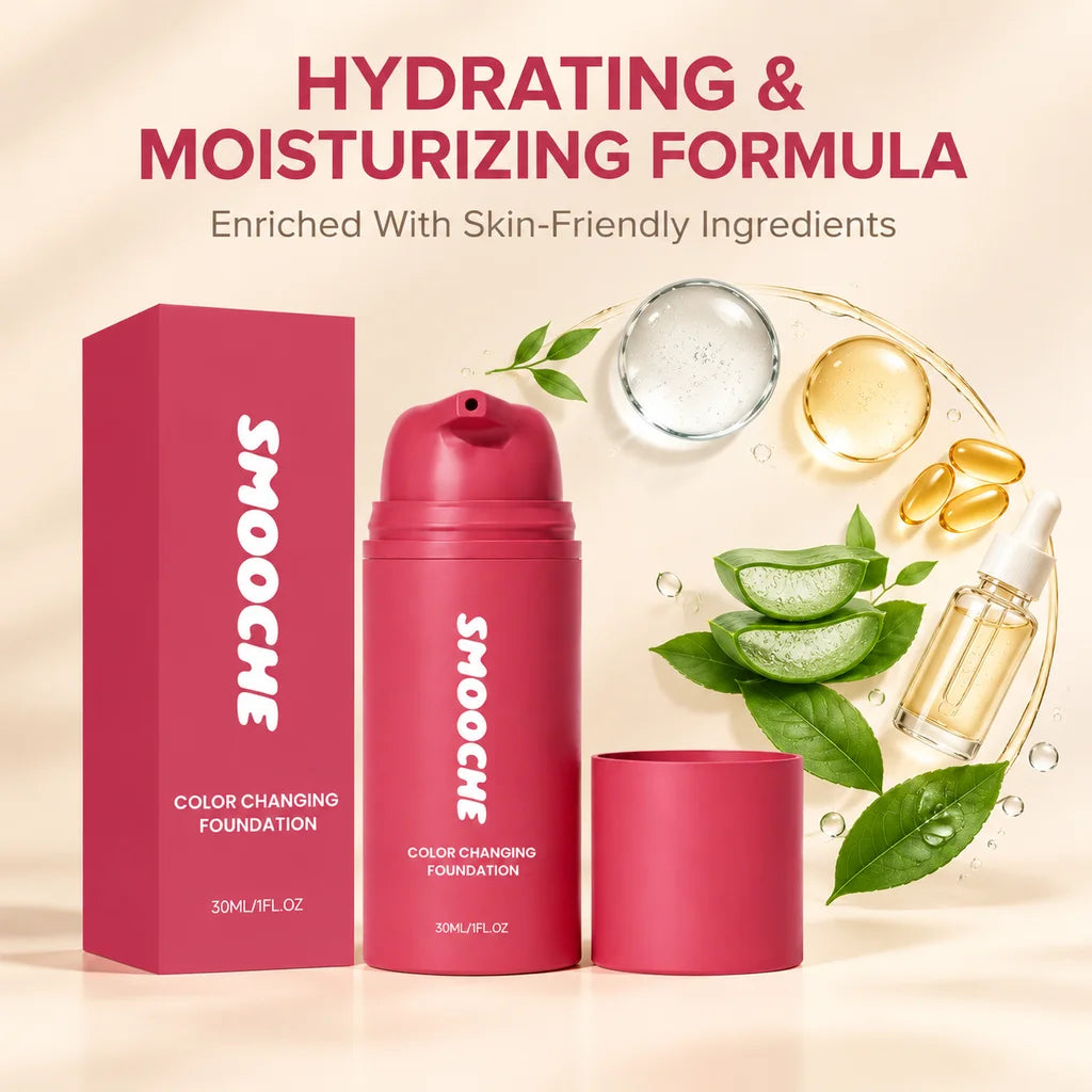 SMOOCHE Color Changing Foundation Adaptive Skin Tone Lasting Lightweight Hydrating Moisturizing Natural Finish Liquid Makeup لي على بشرة جميلة ومتجانسة مع كريم أساس SMOOCHE الذكي، الذي يتكيّف مع لون بشرتك، ويمنحك مظهراً طبيعياً وإطلالة مشرقة، مع تركيبة خف