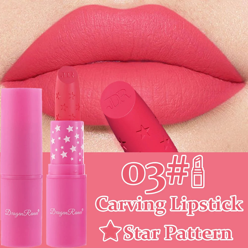 Waterproof Rose Pink Lipstick Star Embossed Velvet Matte Lasting Lip Stick Lasting Non-stick Cup Lip Gloss Women Makeup Cosmetic دلّلي شفتيكِ مع أحمر الشفاه الوردي بتصميم النجمة الساحر! ⭐💗 لون أنثوي جذاب، ملمس مخملي مطفي، وتركيبة مقاومة للماء تساعد على ث