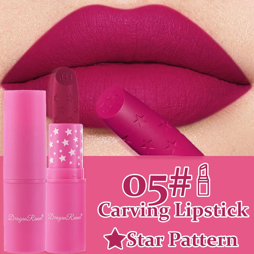 Waterproof Rose Pink Lipstick Star Embossed Velvet Matte Lasting Lip Stick Lasting Non-stick Cup Lip Gloss Women Makeup Cosmetic دلّلي شفتيكِ مع أحمر الشفاه الوردي بتصميم النجمة الساحر! ⭐💗 لون أنثوي جذاب، ملمس مخملي مطفي، وتركيبة مقاومة للماء تساعد على ث