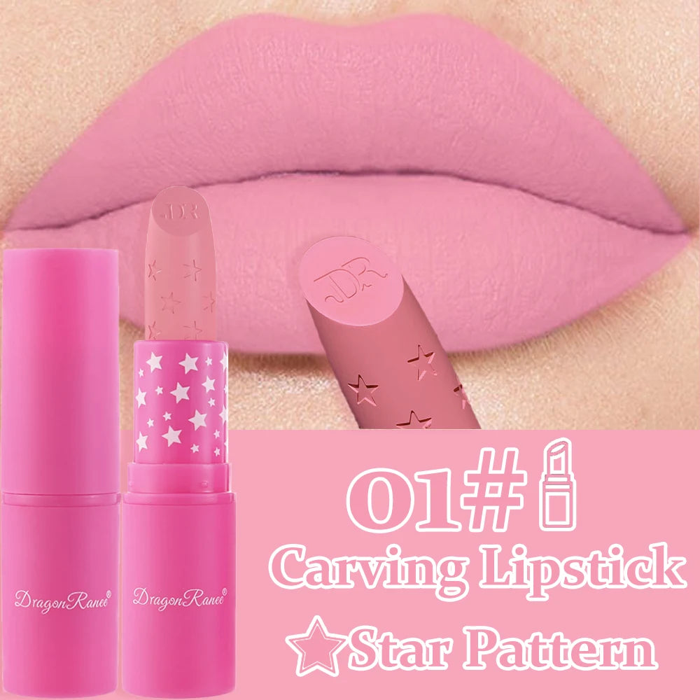 Waterproof Rose Pink Lipstick Star Embossed Velvet Matte Lasting Lip Stick Lasting Non-stick Cup Lip Gloss Women Makeup Cosmetic دلّلي شفتيكِ مع أحمر الشفاه الوردي بتصميم النجمة الساحر! ⭐💗 لون أنثوي جذاب، ملمس مخملي مطفي، وتركيبة مقاومة للماء تساعد على ث