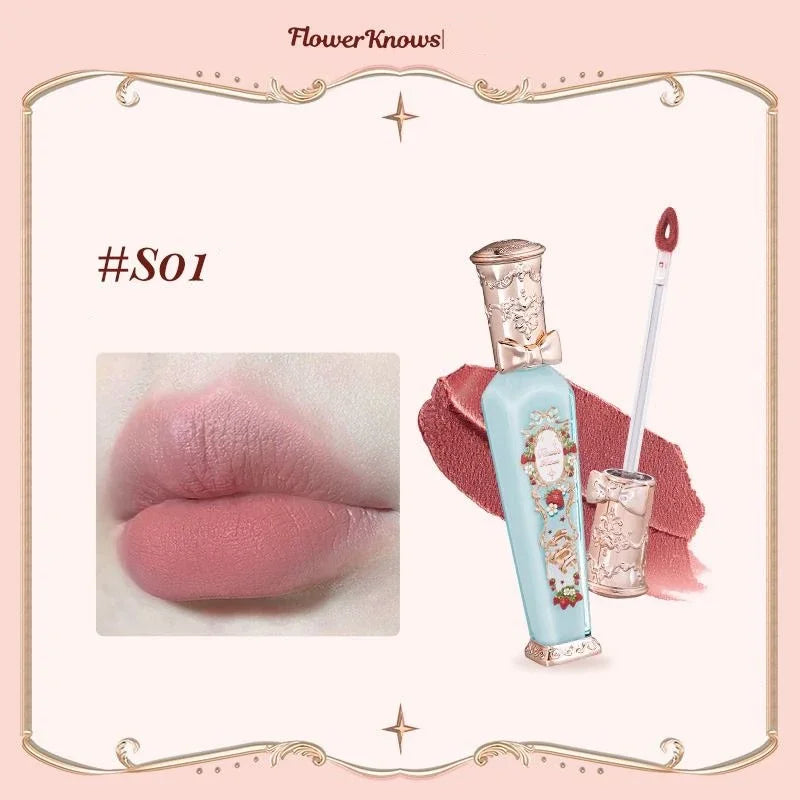Flower Know Strawberry Rococo Cloud Liquid Lipstick Cream Lip Glaze Matte Milk Tea Korean Makeup Long Lasting Lipglossأحمر شفاه سائل من Flower Know بتصميم الفراولة وأسلوب الروكوكو، بقوام كريمي ناعم ولمسة مطفية تشبه السحاب، بلون شاي الحليب، مستوحى من المكي