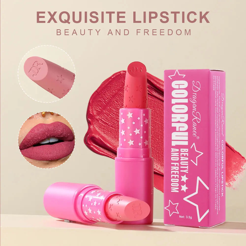 Waterproof Rose Pink Lipstick Star Embossed Velvet Matte Lasting Lip Stick Lasting Non-stick Cup Lip Gloss Women Makeup Cosmetic دلّلي شفتيكِ مع أحمر الشفاه الوردي بتصميم النجمة الساحر! ⭐💗 لون أنثوي جذاب، ملمس مخملي مطفي، وتركيبة مقاومة للماء تساعد على ث