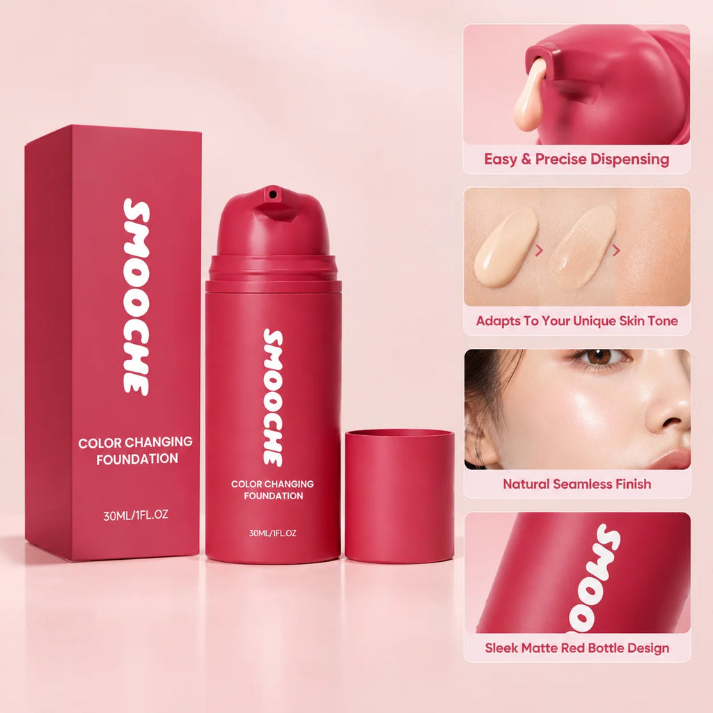 SMOOCHE Color Changing Foundation Adaptive Skin Tone Lasting Lightweight Hydrating Moisturizing Natural Finish Liquid Makeup لي على بشرة جميلة ومتجانسة مع كريم أساس SMOOCHE الذكي، الذي يتكيّف مع لون بشرتك، ويمنحك مظهراً طبيعياً وإطلالة مشرقة، مع تركيبة خف