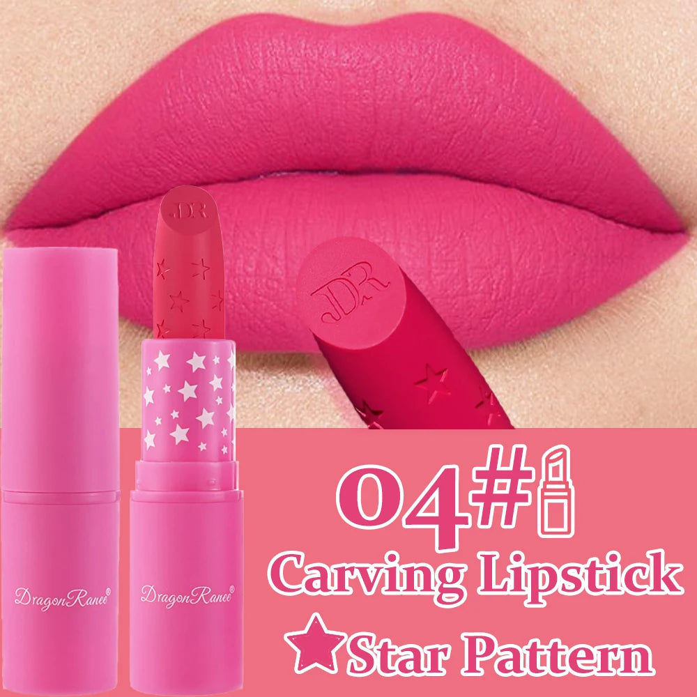 Waterproof Rose Pink Lipstick Star Embossed Velvet Matte Lasting Lip Stick Lasting Non-stick Cup Lip Gloss Women Makeup Cosmetic دلّلي شفتيكِ مع أحمر الشفاه الوردي بتصميم النجمة الساحر! ⭐💗 لون أنثوي جذاب، ملمس مخملي مطفي، وتركيبة مقاومة للماء تساعد على ث