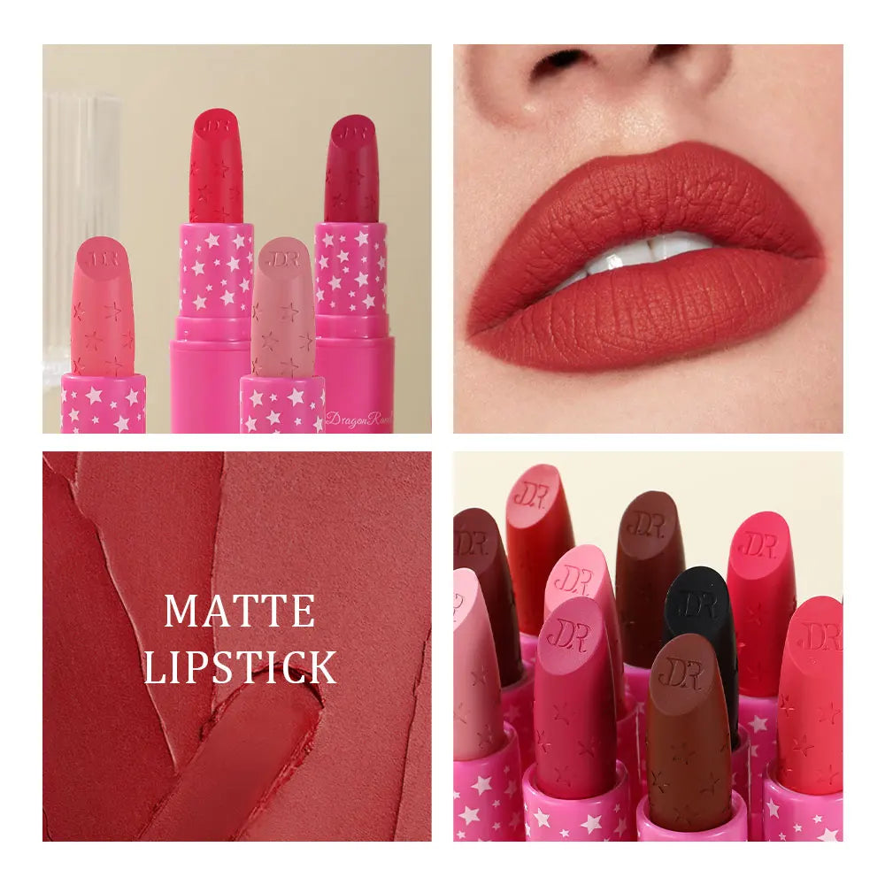 Waterproof Rose Pink Lipstick Star Embossed Velvet Matte Lasting Lip Stick Lasting Non-stick Cup Lip Gloss Women Makeup Cosmetic دلّلي شفتيكِ مع أحمر الشفاه الوردي بتصميم النجمة الساحر! ⭐💗 لون أنثوي جذاب، ملمس مخملي مطفي، وتركيبة مقاومة للماء تساعد على ث