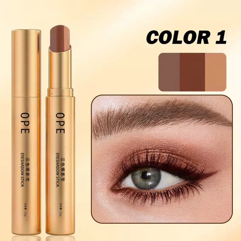 Three-Color Eyeshadow Stick, Shimmering Highlighter Eyeshadow Stick, Waterproof and Long-Lasting Pearlescent Metallic Eyeshadowقلم ظلال العيون ثلاثي الألوان، قلم ظلال عيون لامع وقلم هايلايتر، مقاوم للماء ويدوم طويلاً، بلمعة لؤلؤية ومظهر معدني جذاب.