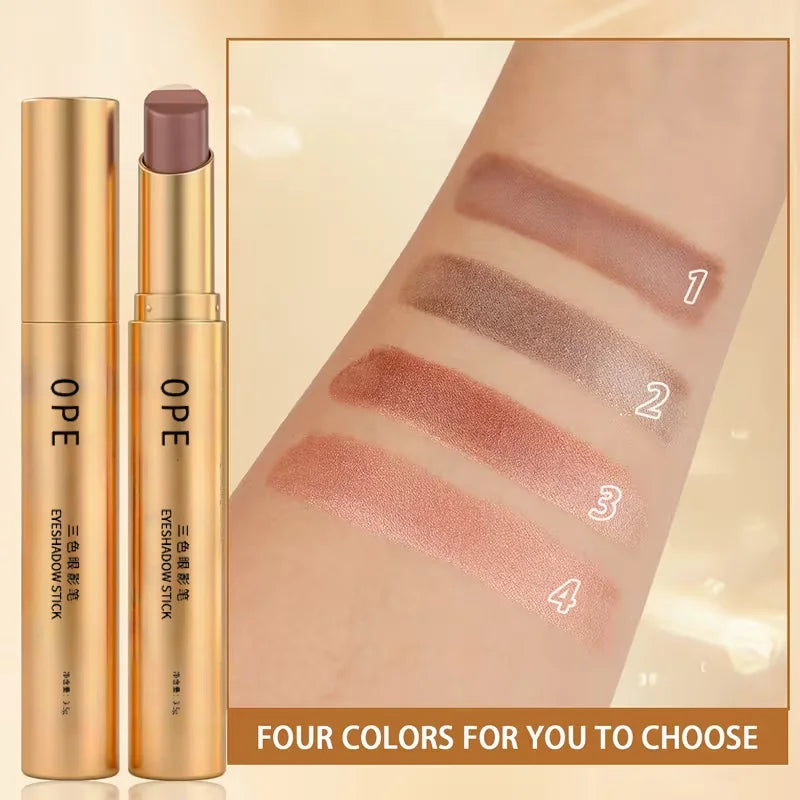 Three-Color Eyeshadow Stick, Shimmering Highlighter Eyeshadow Stick, Waterproof and Long-Lasting Pearlescent Metallic Eyeshadowقلم ظلال العيون ثلاثي الألوان، قلم ظلال عيون لامع وقلم هايلايتر، مقاوم للماء ويدوم طويلاً، بلمعة لؤلؤية ومظهر معدني جذاب.