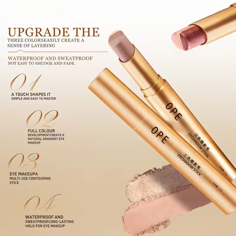 Three-Color Eyeshadow Stick, Shimmering Highlighter Eyeshadow Stick, Waterproof and Long-Lasting Pearlescent Metallic Eyeshadowقلم ظلال العيون ثلاثي الألوان، قلم ظلال عيون لامع وقلم هايلايتر، مقاوم للماء ويدوم طويلاً، بلمعة لؤلؤية ومظهر معدني جذاب.