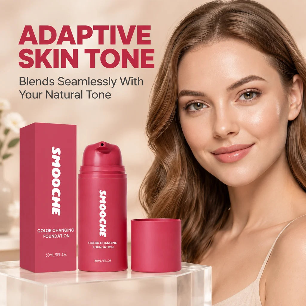 SMOOCHE Color Changing Foundation Adaptive Skin Tone Lasting Lightweight Hydrating Moisturizing Natural Finish Liquid Makeup لي على بشرة جميلة ومتجانسة مع كريم أساس SMOOCHE الذكي، الذي يتكيّف مع لون بشرتك، ويمنحك مظهراً طبيعياً وإطلالة مشرقة، مع تركيبة خف