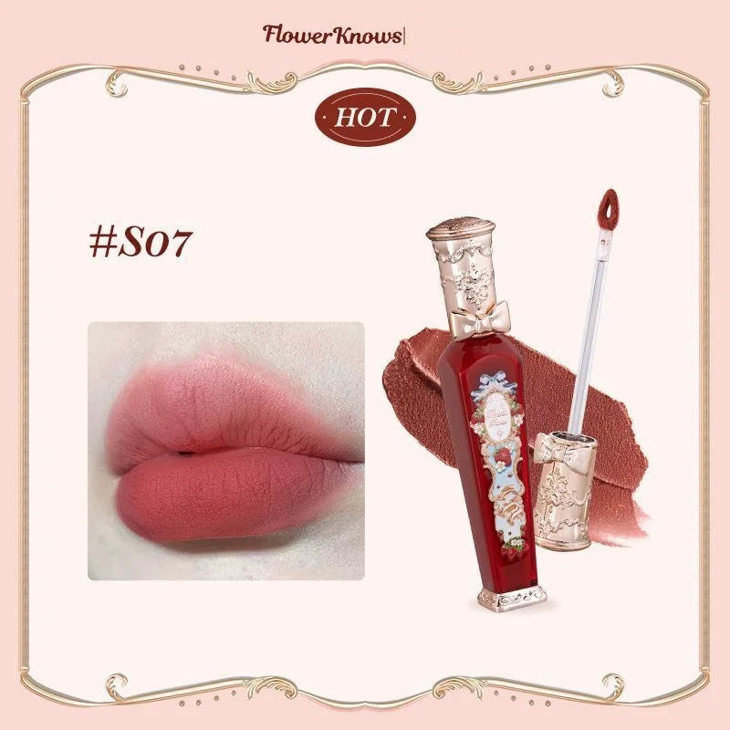 Flower Know Strawberry Rococo Cloud Liquid Lipstick Cream Lip Glaze Matte Milk Tea Korean Makeup Long Lasting Lipglossأحمر شفاه سائل من Flower Know بتصميم الفراولة وأسلوب الروكوكو، بقوام كريمي ناعم ولمسة مطفية تشبه السحاب، بلون شاي الحليب، مستوحى من المكي