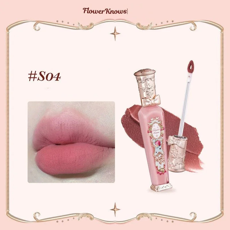 Flower Know Strawberry Rococo Cloud Liquid Lipstick Cream Lip Glaze Matte Milk Tea Korean Makeup Long Lasting Lipglossأحمر شفاه سائل من Flower Know بتصميم الفراولة وأسلوب الروكوكو، بقوام كريمي ناعم ولمسة مطفية تشبه السحاب، بلون شاي الحليب، مستوحى من المكي