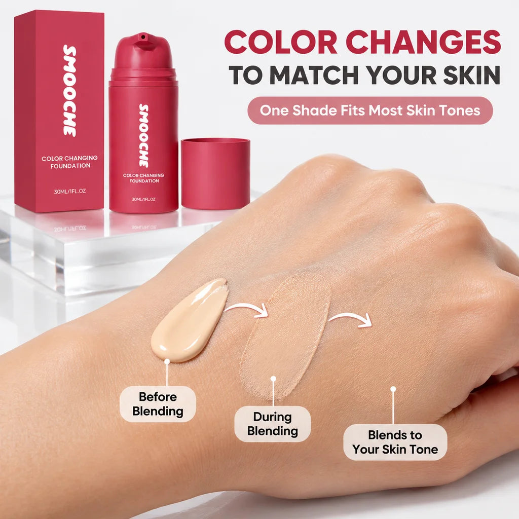 SMOOCHE Color Changing Foundation Adaptive Skin Tone Lasting Lightweight Hydrating Moisturizing Natural Finish Liquid Makeup لي على بشرة جميلة ومتجانسة مع كريم أساس SMOOCHE الذكي، الذي يتكيّف مع لون بشرتك، ويمنحك مظهراً طبيعياً وإطلالة مشرقة، مع تركيبة خف