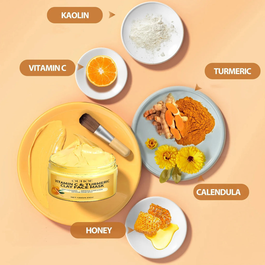 Vitamin C Exfoliating facial mask Turmeric Exfoliating facial mask Improve Pore Deep Cleaning facial mask   Apply facial mask. قناع الفيتامين سي المقشر للوجه (Vitamin C Exfoliating Facial Mask)
الفائدة: يزيل الخلايا الميتة، يفتح لون البشرة، يمنحها نضارة