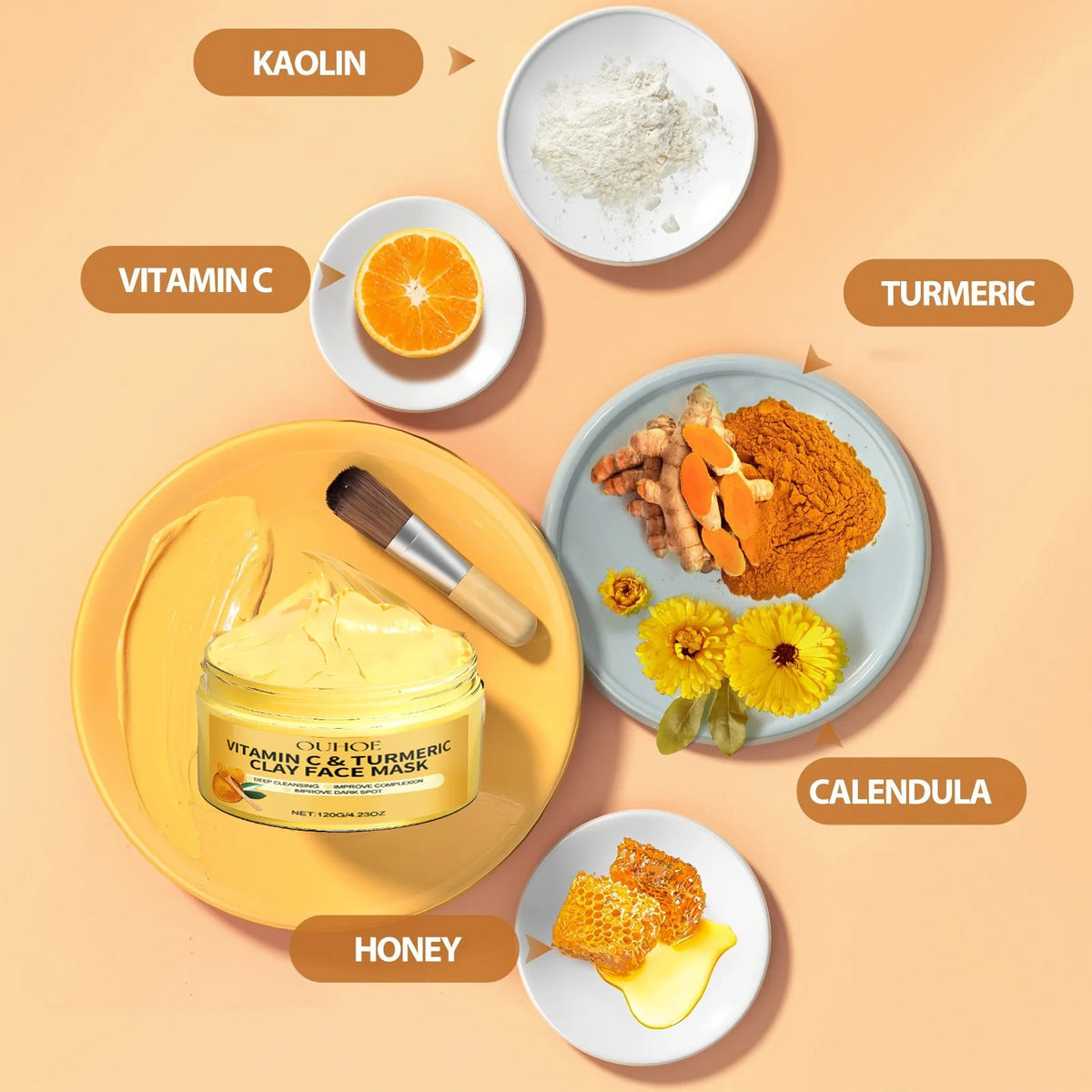 Vitamin C Exfoliating facial mask Turmeric Exfoliating facial mask Improve Pore Deep Cleaning facial mask   Apply facial mask. قناع الفيتامين سي المقشر للوجه (Vitamin C Exfoliating Facial Mask)
الفائدة: يزيل الخلايا الميتة، يفتح لون البشرة، يمنحها نضارة