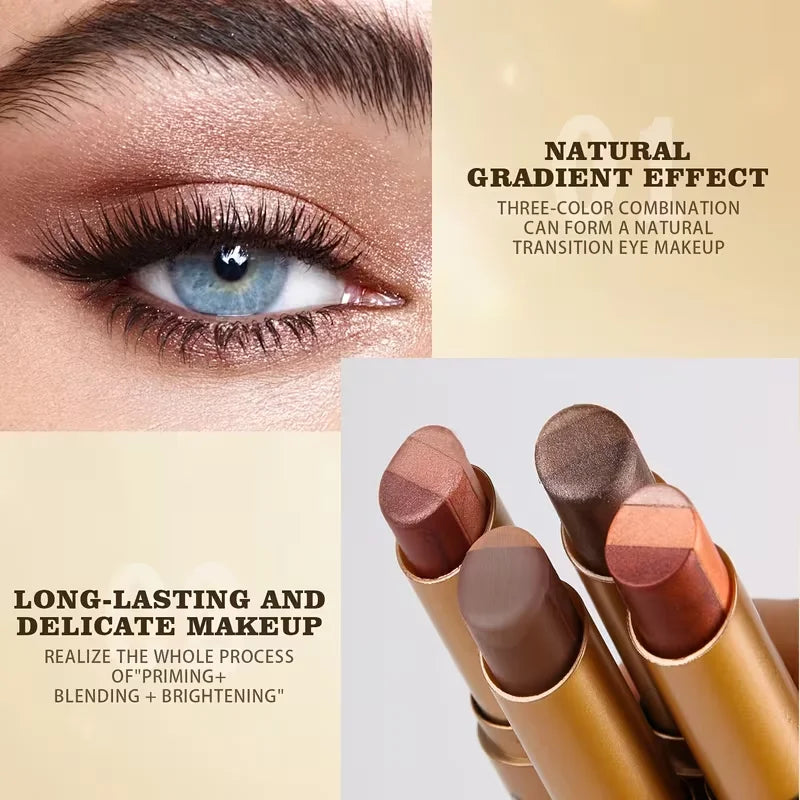 Three-Color Eyeshadow Stick, Shimmering Highlighter Eyeshadow Stick, Waterproof and Long-Lasting Pearlescent Metallic Eyeshadowقلم ظلال العيون ثلاثي الألوان، قلم ظلال عيون لامع وقلم هايلايتر، مقاوم للماء ويدوم طويلاً، بلمعة لؤلؤية ومظهر معدني جذاب.