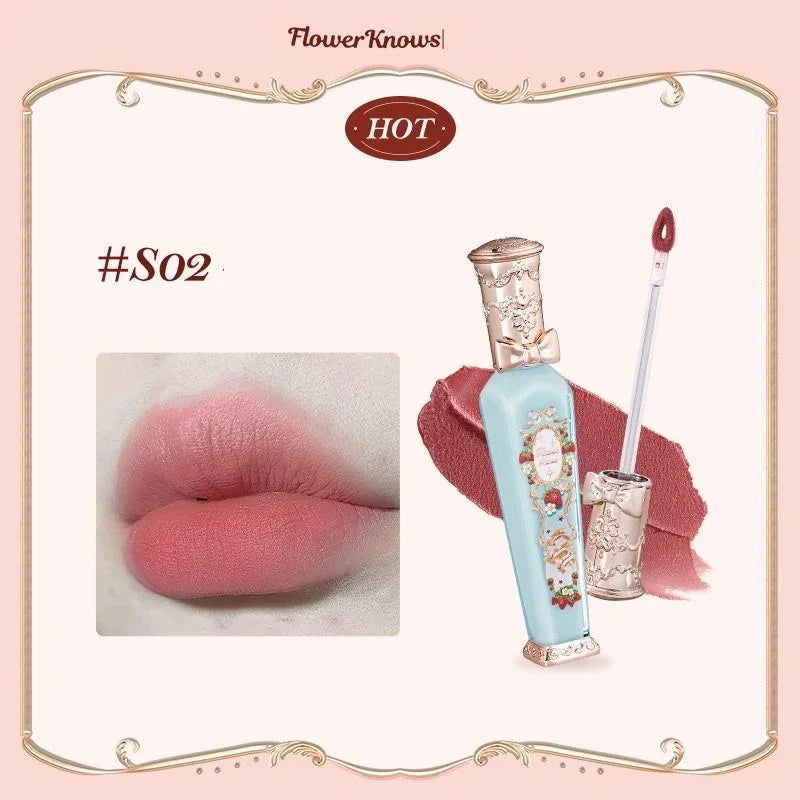 Flower Know Strawberry Rococo Cloud Liquid Lipstick Cream Lip Glaze Matte Milk Tea Korean Makeup Long Lasting Lipglossأحمر شفاه سائل من Flower Know بتصميم الفراولة وأسلوب الروكوكو، بقوام كريمي ناعم ولمسة مطفية تشبه السحاب، بلون شاي الحليب، مستوحى من المكي