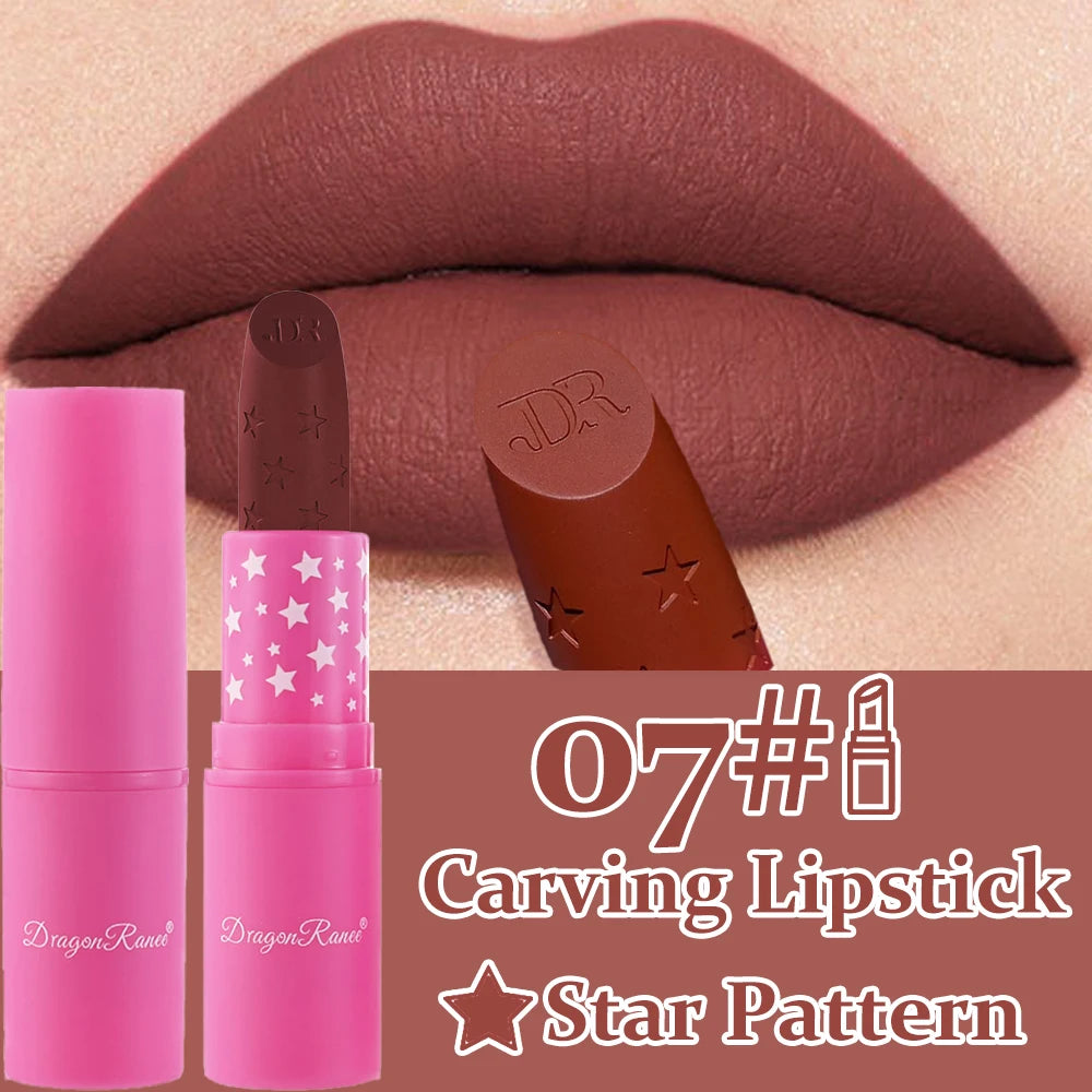 Waterproof Rose Pink Lipstick Star Embossed Velvet Matte Lasting Lip Stick Lasting Non-stick Cup Lip Gloss Women Makeup Cosmetic دلّلي شفتيكِ مع أحمر الشفاه الوردي بتصميم النجمة الساحر! ⭐💗 لون أنثوي جذاب، ملمس مخملي مطفي، وتركيبة مقاومة للماء تساعد على ث