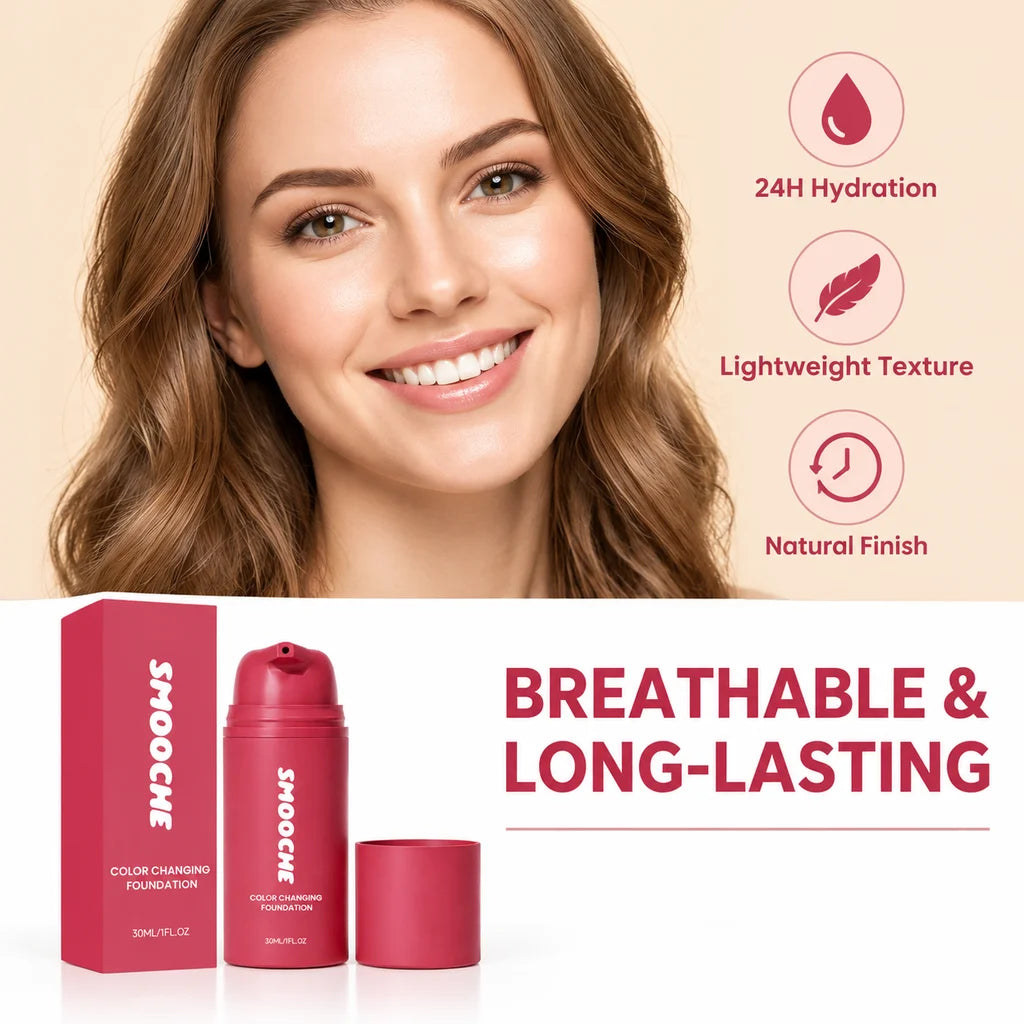 SMOOCHE Color Changing Foundation Adaptive Skin Tone Lasting Lightweight Hydrating Moisturizing Natural Finish Liquid Makeup لي على بشرة جميلة ومتجانسة مع كريم أساس SMOOCHE الذكي، الذي يتكيّف مع لون بشرتك، ويمنحك مظهراً طبيعياً وإطلالة مشرقة، مع تركيبة خف