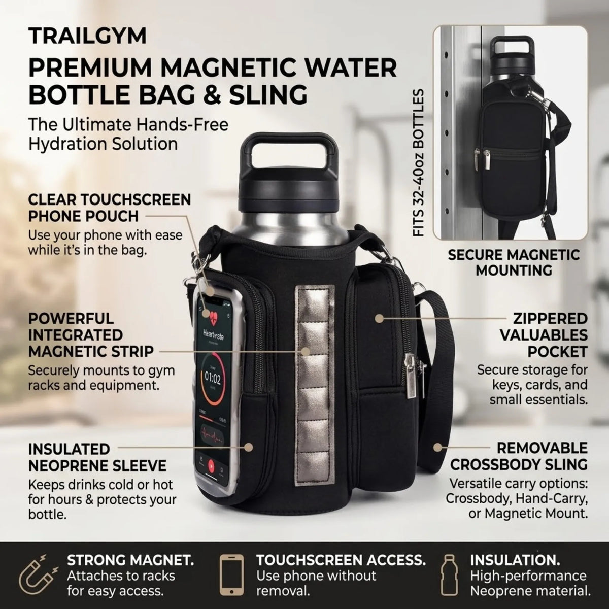 Workout Magnetic Bottle Holder Crossbody Bag, Multi-Pocket Sports Organizer with Strong Built-In Magnets for Fitness Daily Useحقيبة رياضية لحمل قارورة الماء مزودة بمغناطيس، تُلبس بشكل متقاطع على الجسم، متعددة الجيوب ومنظّمة للأغراض الرياضية، مزوّدة بمغناط
