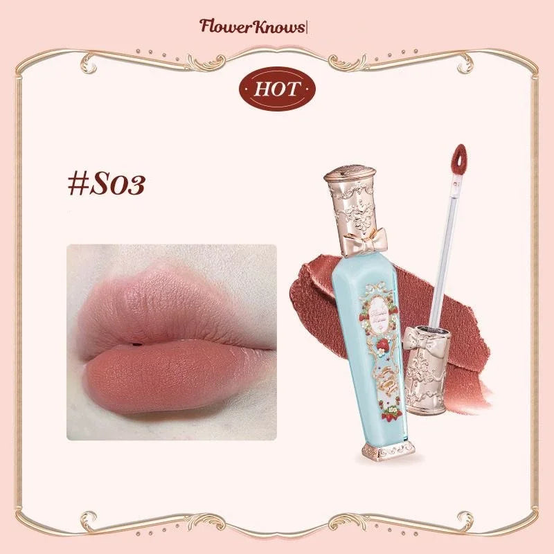 Flower Know Strawberry Rococo Cloud Liquid Lipstick Cream Lip Glaze Matte Milk Tea Korean Makeup Long Lasting Lipglossأحمر شفاه سائل من Flower Know بتصميم الفراولة وأسلوب الروكوكو، بقوام كريمي ناعم ولمسة مطفية تشبه السحاب، بلون شاي الحليب، مستوحى من المكي