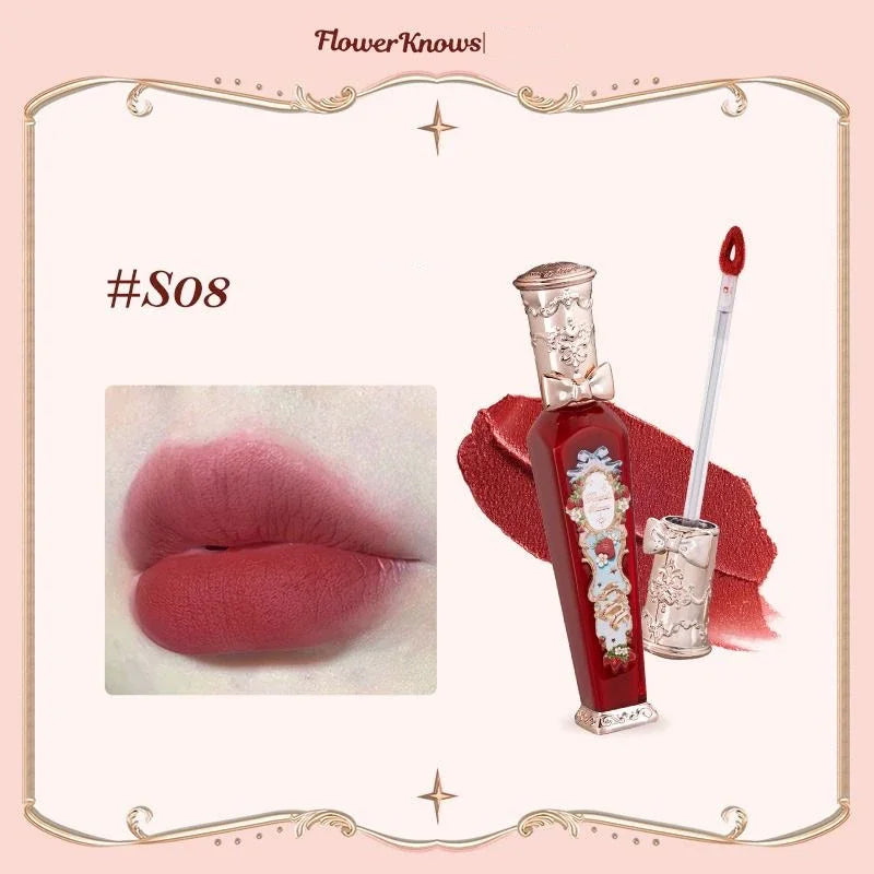 Flower Know Strawberry Rococo Cloud Liquid Lipstick Cream Lip Glaze Matte Milk Tea Korean Makeup Long Lasting Lipglossأحمر شفاه سائل من Flower Know بتصميم الفراولة وأسلوب الروكوكو، بقوام كريمي ناعم ولمسة مطفية تشبه السحاب، بلون شاي الحليب، مستوحى من المكي