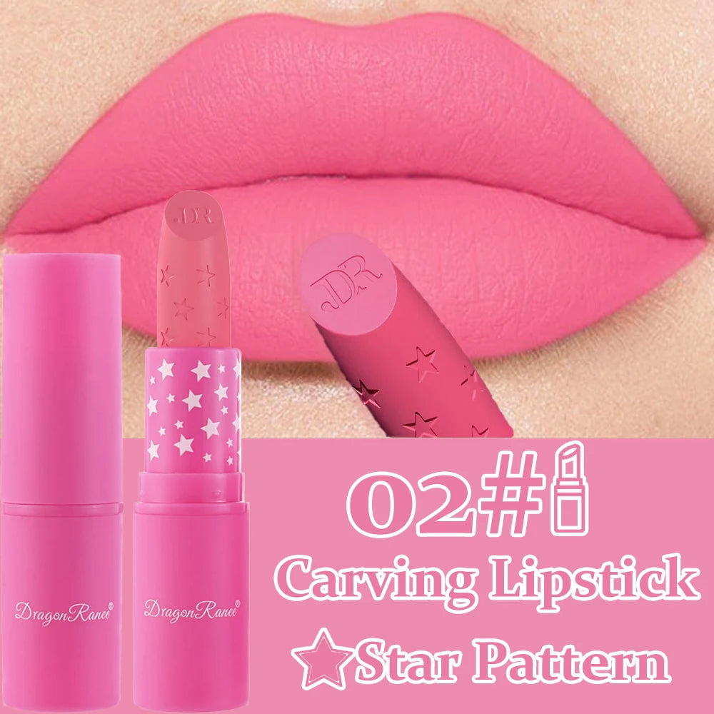 Waterproof Rose Pink Lipstick Star Embossed Velvet Matte Lasting Lip Stick Lasting Non-stick Cup Lip Gloss Women Makeup Cosmetic دلّلي شفتيكِ مع أحمر الشفاه الوردي بتصميم النجمة الساحر! ⭐💗 لون أنثوي جذاب، ملمس مخملي مطفي، وتركيبة مقاومة للماء تساعد على ث