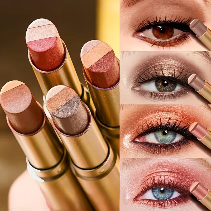 Three-Color Eyeshadow Stick, Shimmering Highlighter Eyeshadow Stick, Waterproof and Long-Lasting Pearlescent Metallic Eyeshadowقلم ظلال العيون ثلاثي الألوان، قلم ظلال عيون لامع وقلم هايلايتر، مقاوم للماء ويدوم طويلاً، بلمعة لؤلؤية ومظهر معدني جذاب.