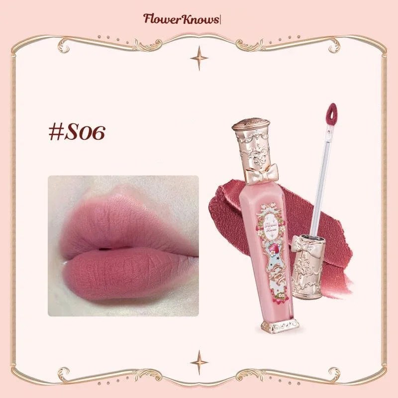 Flower Know Strawberry Rococo Cloud Liquid Lipstick Cream Lip Glaze Matte Milk Tea Korean Makeup Long Lasting Lipglossأحمر شفاه سائل من Flower Know بتصميم الفراولة وأسلوب الروكوكو، بقوام كريمي ناعم ولمسة مطفية تشبه السحاب، بلون شاي الحليب، مستوحى من المكي