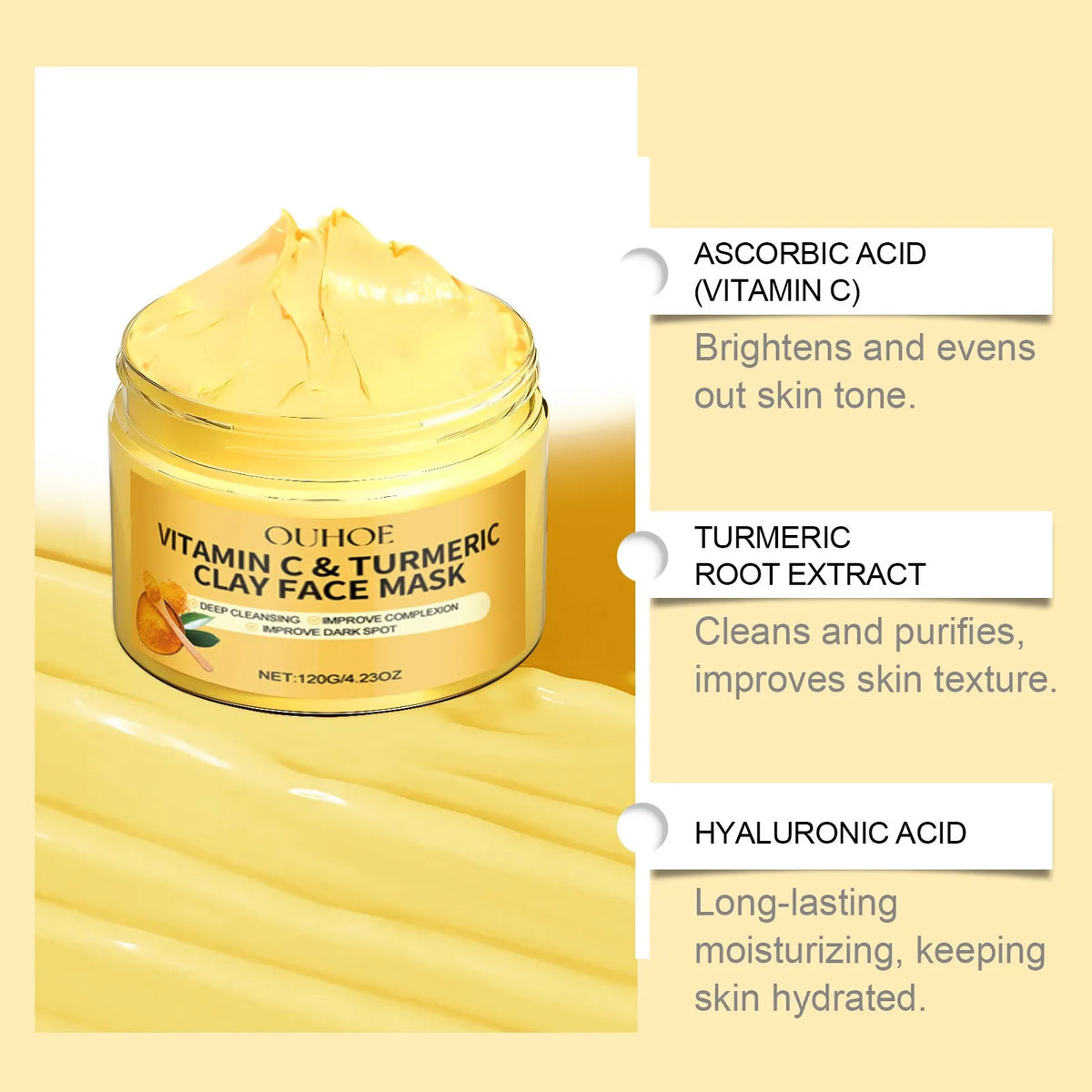 Vitamin C Exfoliating facial mask Turmeric Exfoliating facial mask Improve Pore Deep Cleaning facial mask   Apply facial mask. قناع الفيتامين سي المقشر للوجه (Vitamin C Exfoliating Facial Mask)
الفائدة: يزيل الخلايا الميتة، يفتح لون البشرة، يمنحها نضارة
