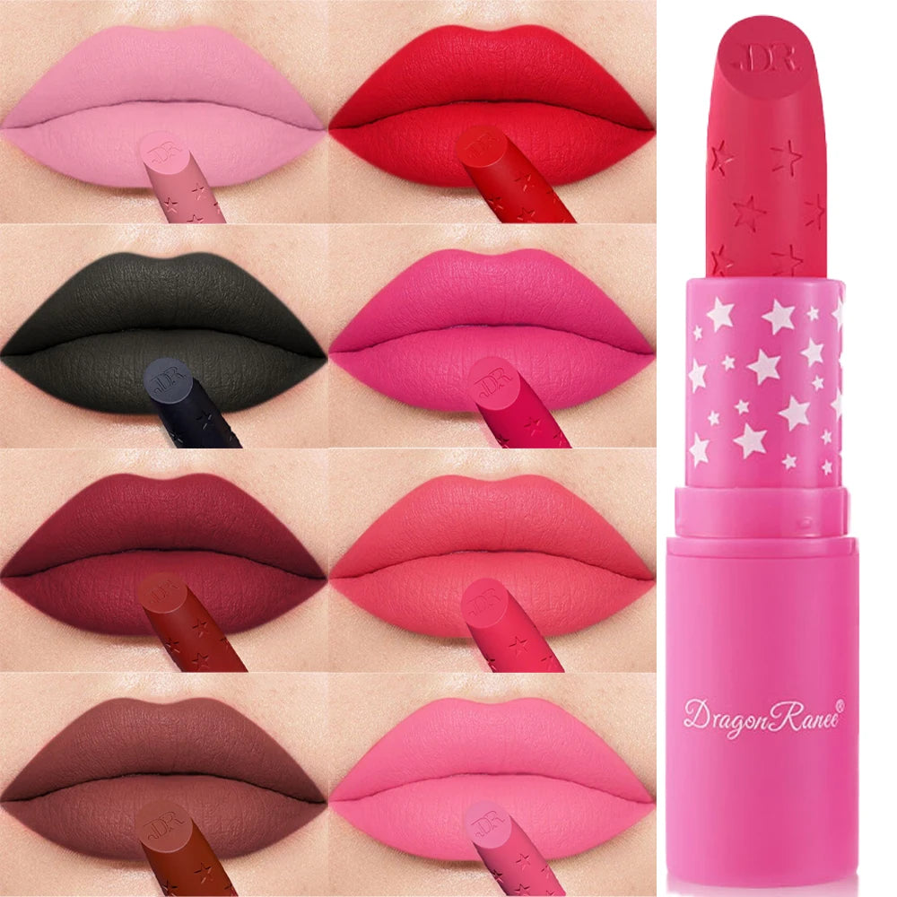 Waterproof Rose Pink Lipstick Star Embossed Velvet Matte Lasting Lip Stick Lasting Non-stick Cup Lip Gloss Women Makeup Cosmetic دلّلي شفتيكِ مع أحمر الشفاه الوردي بتصميم النجمة الساحر! ⭐💗 لون أنثوي جذاب، ملمس مخملي مطفي، وتركيبة مقاومة للماء تساعد على ث