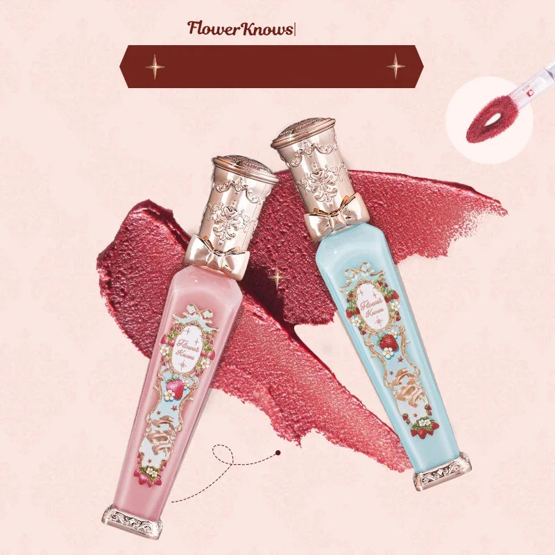 Flower Know Strawberry Rococo Cloud Liquid Lipstick Cream Lip Glaze Matte Milk Tea Korean Makeup Long Lasting Lipglossأحمر شفاه سائل من Flower Know بتصميم الفراولة وأسلوب الروكوكو، بقوام كريمي ناعم ولمسة مطفية تشبه السحاب، بلون شاي الحليب، مستوحى من المكي