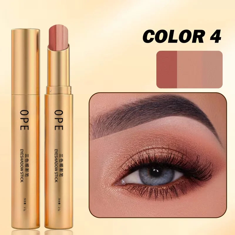 Three-Color Eyeshadow Stick, Shimmering Highlighter Eyeshadow Stick, Waterproof and Long-Lasting Pearlescent Metallic Eyeshadowقلم ظلال العيون ثلاثي الألوان، قلم ظلال عيون لامع وقلم هايلايتر، مقاوم للماء ويدوم طويلاً، بلمعة لؤلؤية ومظهر معدني جذاب.