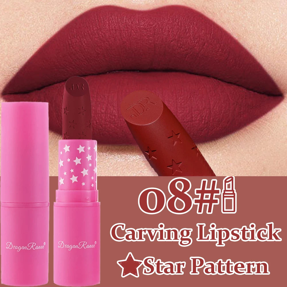 Waterproof Rose Pink Lipstick Star Embossed Velvet Matte Lasting Lip Stick Lasting Non-stick Cup Lip Gloss Women Makeup Cosmetic دلّلي شفتيكِ مع أحمر الشفاه الوردي بتصميم النجمة الساحر! ⭐💗 لون أنثوي جذاب، ملمس مخملي مطفي، وتركيبة مقاومة للماء تساعد على ث